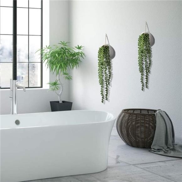 2 Artificial Succulents Hanging Plants Fake String of Pearls in White Ceramic - Picture 4 of 6